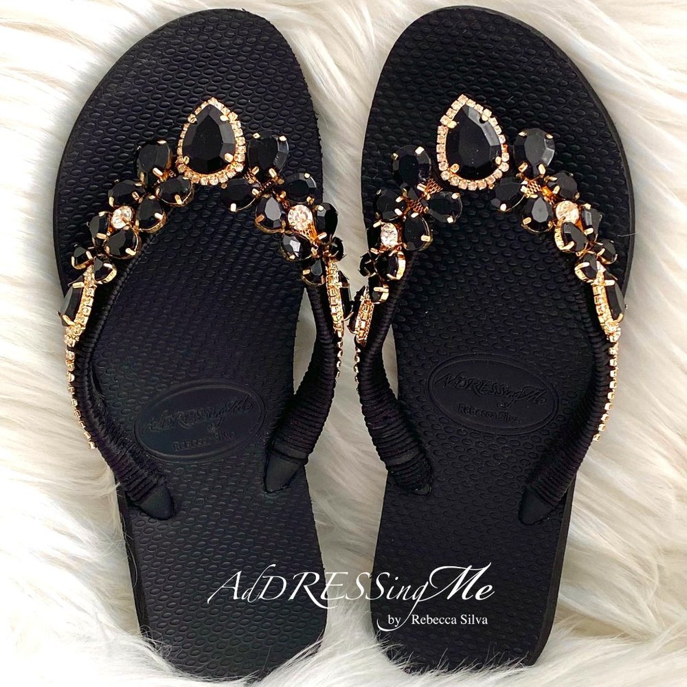 AdDRESSingMe Flip Flops With Rhinestones Black